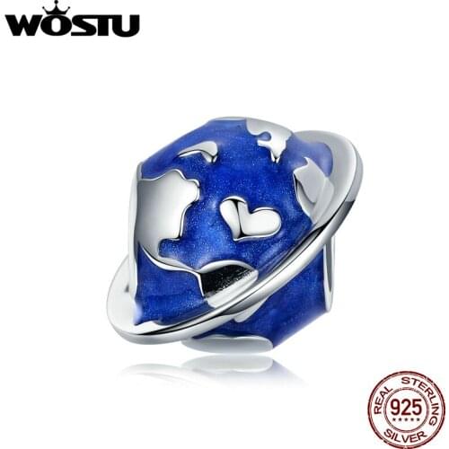 WOSTU 925 Sterling Silver Amazing Earth Charms Blue Enamel Planet Beads Fit Original Bracelet PenBNnt For Women Jewelry BNC162