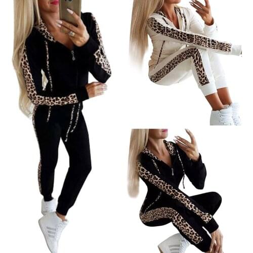 Womens Sport Clothes Two Pieces Set Spring Fall Casual Loose Leopard Hooded Jacket Long Harem Pants Fitness Set For Females