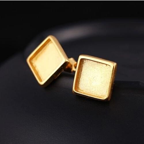 Sterling Silver 925 Yellow Gold Color Women Semi Mount Stud Earrings Princess Cabochon 8x8mm Amber Agate Turquoise Setting