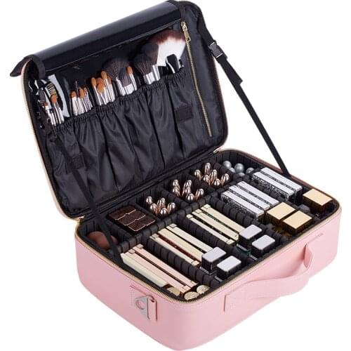 Double Layer Removable Travel Cosmetic Bag Makeup Bag Pink Portable Cosmetics Toiletry Organizer Pouch Waterproof Handbag