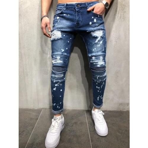 Jeans For Men Nice Gradient Color Ripped White Dots Jeans Male Motor Biker Skinny Jeans Homme Mens Clothing Zipper Denim Pants