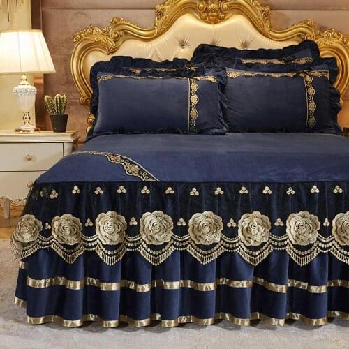 Crystal Velvet Bedspread Floral Embroidery Lace Bed Skirt Warm Heighten Sheet Queen Size King Size Home Bedding