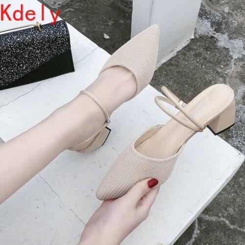 Mesh High heels 2021 Spring Autumn shoes women Fashion Rhinestone Square heel Mules Slip-On Thin Heels pumps