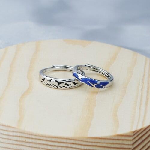Fashion Couple S925 Epoxy Silver-plated Sea Bird Personality Adjustable Rings Love Anniversary Gift J247