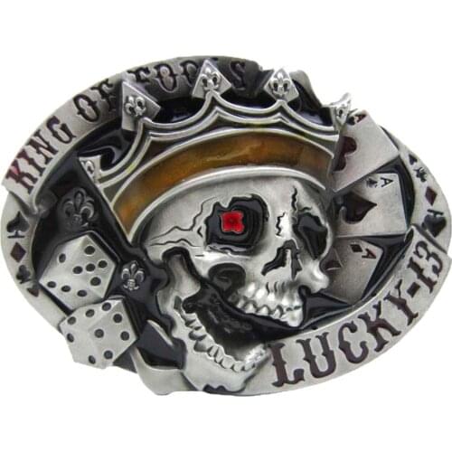 Men LUCKY-13 Casino Skull Poker Playing Cards Metal Belt Buckle for Western Cowboy Mens Accessories