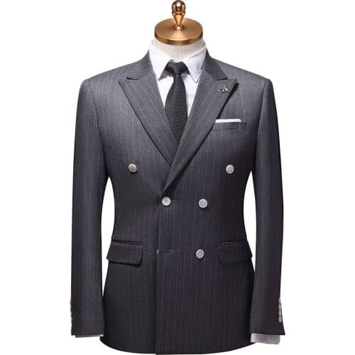 Men suit grey stripe mens suits with pants thin 3pc suit men 2019 summer autumn double breasted men suits for wedding 56 plus