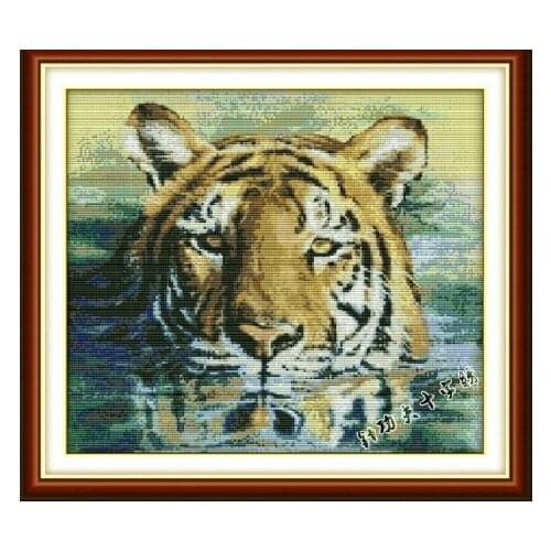55*48cm Needlework,DIY Set Full Embroidery kit,Tiger in Water Animal Pattern Counted Cross-Stitch Oil Paint Wall Home Decor