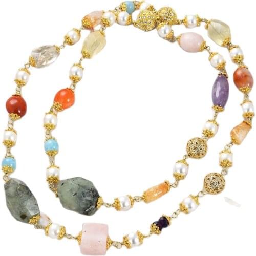 GG Jewelry 40'' Sea Shell Pearl Aquamarines Amethysts Carnelian Rose Quartzs Prehnites Necklace