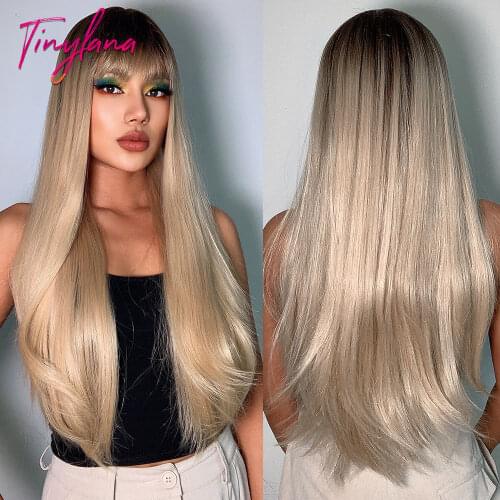 TINY LANA Ombre Black Brown Golden Synthetic Wigs with Bangs Long Silk Straight Cosplay Wigs For Woman Heat Resistant Fibre
