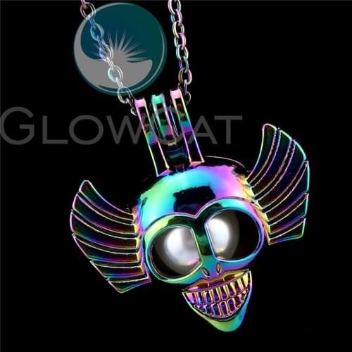 R-C832 Rainbow Skull Pirate Beads Cage Pendant Essential Oil Diffuser Pearl Cage Locket Necklace