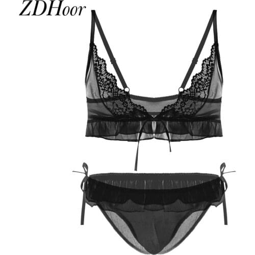 Sexy Costume Mens Sissy See Through Sheer Mesh Lingerie Set Male Exotic Lace Trim Bra Top Briefs Underwear Set Pajamas Suit