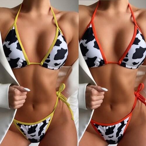 Sexy Bikini Push Up Swimwear Women Cow Print Biquinis Feminino Halter Swimsuit Tanga Swimming Bathing Suit Bandage Bikinis Set
