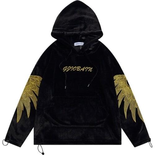 Hip Hop Velvet Wing Embroidery Sweatshirt Hoodies Men Oversize Streetwear Casual Pullover Tops