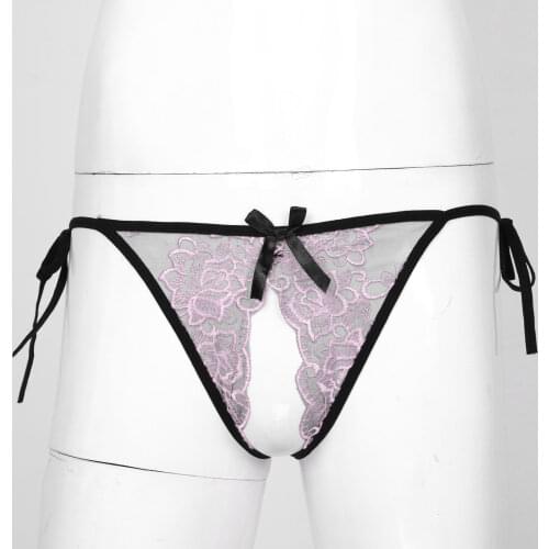 Mens Low Waist Sissy Panties T-back Underwear Transparent Embroidery Lace Thong G-string Crotchless Open Crotch Briefs Nightwear