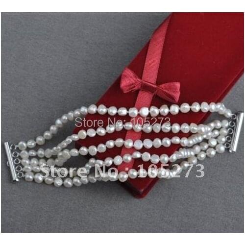 Pearl Jewelry AA 4-5MM Baroque Shaper White Freshwater Pearl Bracelet 8inch Nice Girls Womens Jewelry New Free Shipping