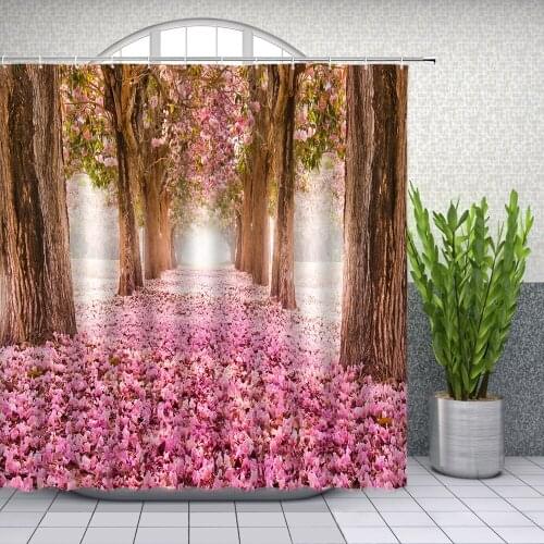 Flower Shower Curtains Pink Floral Sea Tree Plant Scenery Bathroom Decor Home Bath Waterproof Polyester Curtain Set Cheap