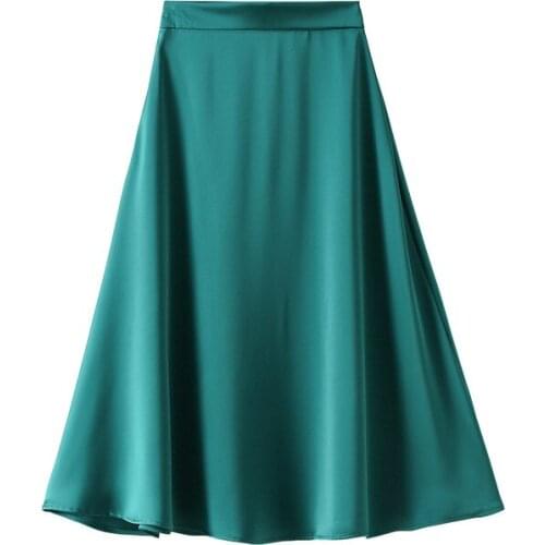 Green Women Summer Skirt Female Elegant Chic Vintage Satin Skirt Lady Korean Fashion Casual Midi Long A-Line Skirts Jupe Longue