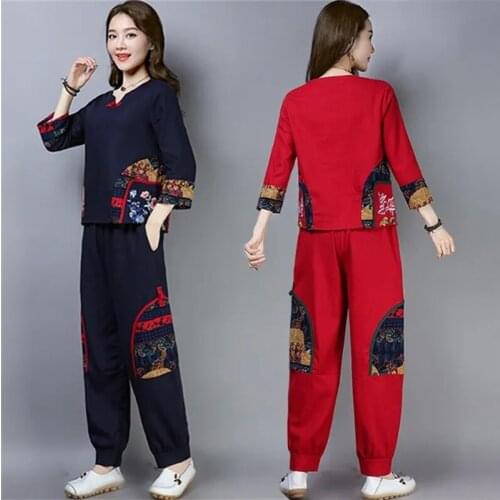 L-6XL Literary Style Embroidered Cotton Linen Suits Women Spring Autumn Loose Top Bloomers Casual Elastic Waist 2 Piece Suit 704