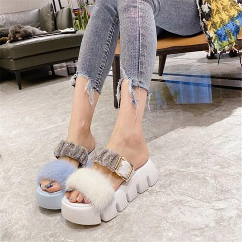 Ladies Fluffy Fur Slippers Womens Indoor Slippers Mink Fur Plush Slippers Flat Sandals Womens 100% Mink Slippers