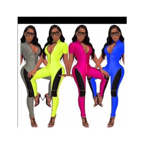 Women Color Patchwork Athleisure Jumpsuit Sexy Zipper V Neck Short Sleeve Night Party Club Rompers Sporting Outfits Tracksuit