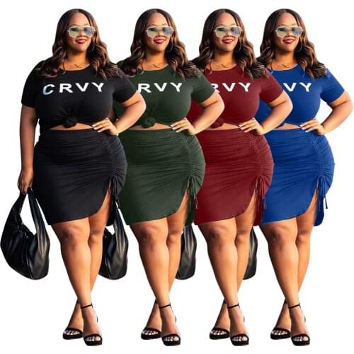Two Piece Sets Plus Size Short Sleeves Slim Skirt Sexy Street Wear Fashion Casual Letter Print Women Clothing Wholesale Custom