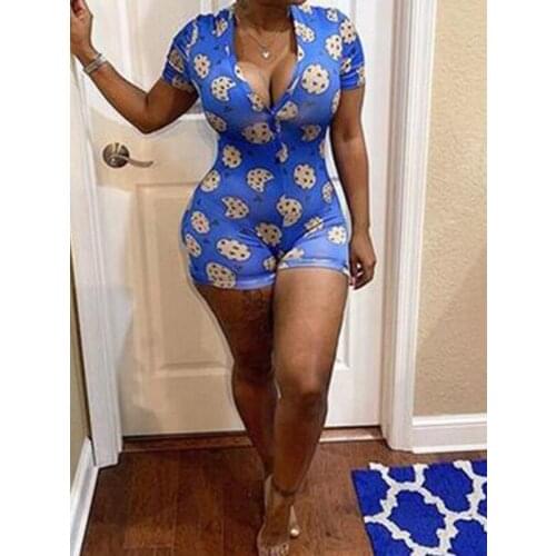Women Cookies Print Rompers Nightwear Bodysuit Leotard Party Onsie Sleepwear Short Onesies Pajamas For Adults Mujer Lingerie