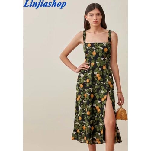 Summer Clothes For Women Dresses Vintage Print Chiffon Beach Sleeveless Elastic Strap Side Slit Sexy Midi Dress Sundress