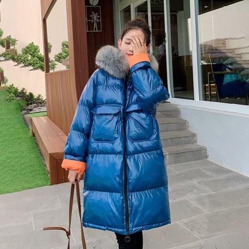 Womens Coat Winter Korean Loose Straight Long Hooded Down Cotton Big Fur Collar Bright Surface Thickening Casual Padded Jacket