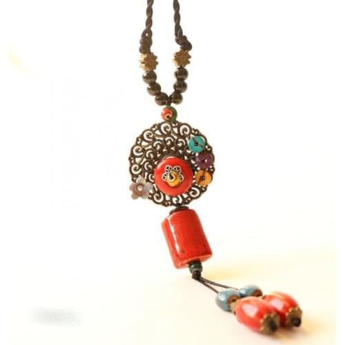 12 Pieces/Lot Long Tassel Pendant Necklace Women Hollow Flower Circle Ceramic Beads Pendants Necklaces Choker Vintage Jewelry