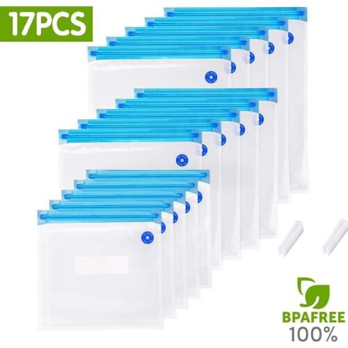 15 Reusable Food Vacuum Sealed Bags with 2 Sealing Clips for Long-time Food Storage