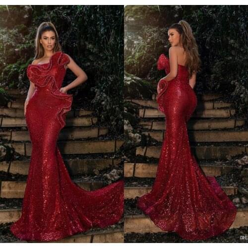2020 Yousef Aljasmi Burgundy Evening Dresses Strapless Sweep Train Bling Sequin Lace Mermaid Prom Dress Party Wear Formal Gowns