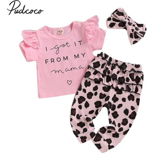 2020 Baby Summer Clothing Valentine Day Infant Baby Girl Kid Short Sleeve Shirt Top Trousers Leopard Pants Headband Clothes 3PCS