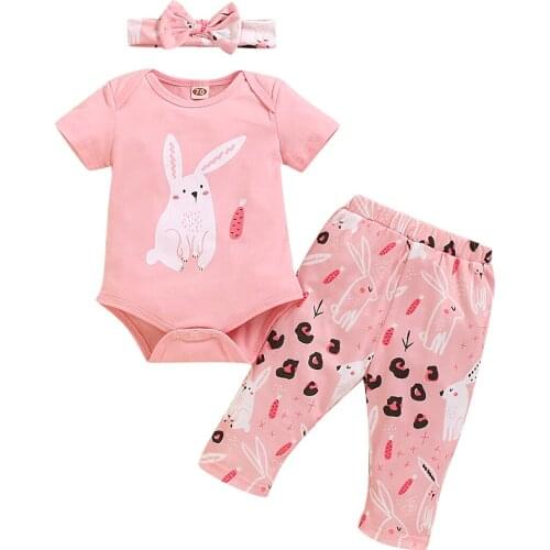 Baby Girl Clothes 0-18 Months Cartoon Rabbit Printed Romper And Pants Headband Suits 3Pcs Short Sleeve Summer Newborn Girls Sets