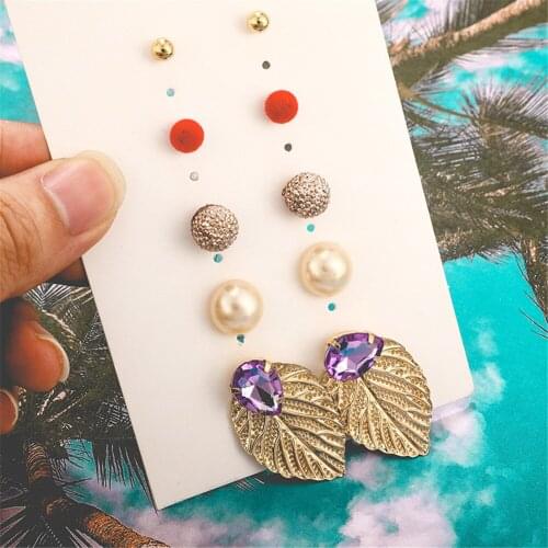5 Pairs/Set 6 pairs/sets Womens Pearl Flower Crystal Studs Earrings Girls Vintage Elegant Flower Leaves Triangular Jewelry Gift