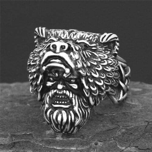 Viking Amulet Bear Head Finger Ring Mens Multi Size Vintage Animal Charm Ring Fashion Nordic Punk Stainless Steel Jewelry Gifts