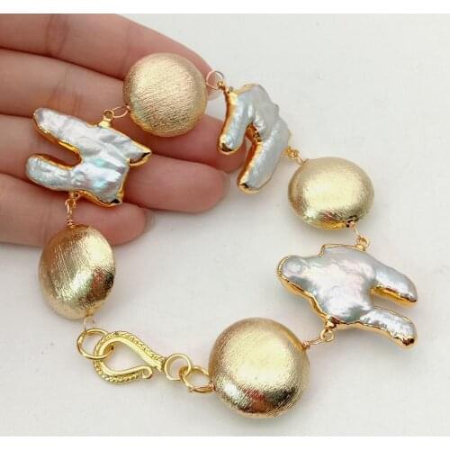 YYGEM natural Freshwater Keshi Pearl gold plated brushed coin beads Wrap Bracelet 8"