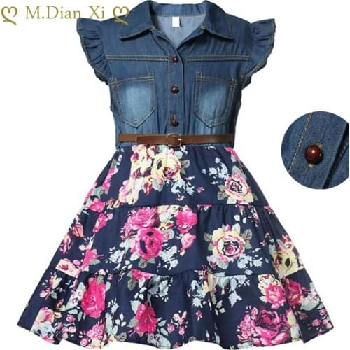 Girls Denim Floral Dress Summer Party Dress with Belt Children Flying Short Sleeve Casual Clothing Baby Girls Kids dress Outfit