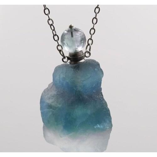 FYJS Unique Silver Plated Irregular Shape Perfume Bottle Pendant Natural Fluorite Stone Necklace for Women Jewelry