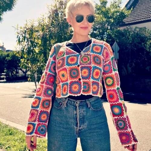 GypsyLady Boho Crochet Jacket Sweater Colorful Handmade Floral Knitted Hollow Out Women Jackets Outwear Hippie Ladies Female Top