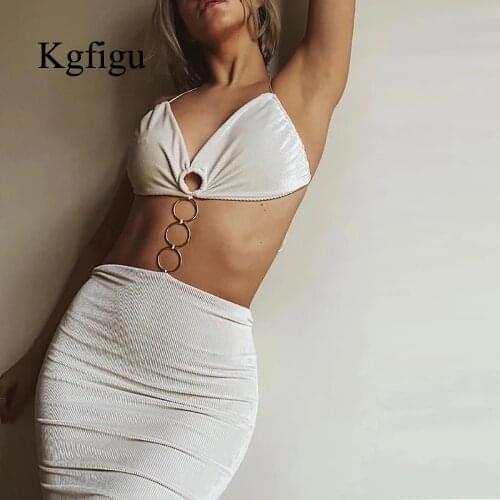 KGFIGU Knitting Rib White Evening Skirts Outfits Women Sexy Bodycon Bandage Dresses Soft Sequined Camis Tops Two Piece Sets