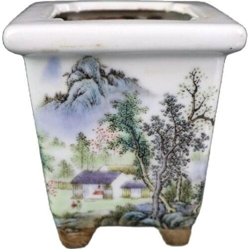 Chinese Old Porcelain Pastel Landscape Pattern Square Flowerpot