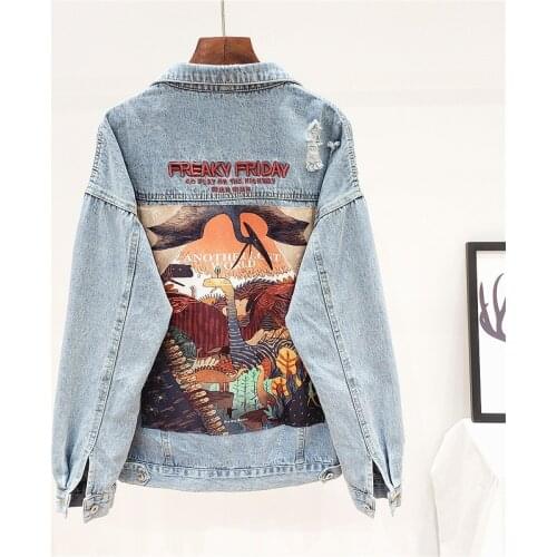 2020 New Autumn Funny Cartoon Print Long Sleeve Denim Jacket Women Vintage Streetwear Punk Style Jean Jacket casaco feminino 356