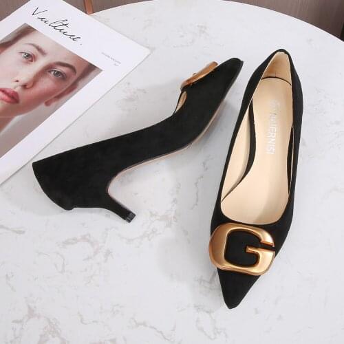 Fashion Ladies Pumps Pointed Toe Suede Metal Decoration Shallow mouth 5cm Thin Mid Heel Slip-On Work Women Shoes Summer 2021 New