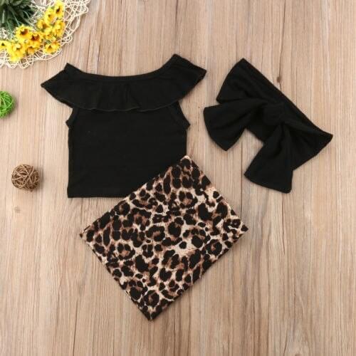 Fashion Toddler Kids Baby Girl Off Shoulder Ruffles Tops Leopard Sheath Skirt Headaband Outfits Summer Girls Clothing Set 1-6Y