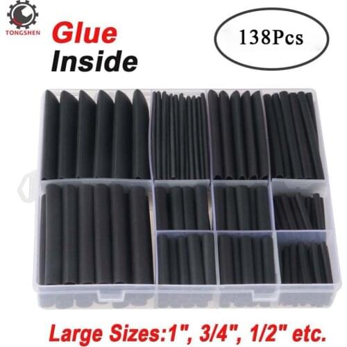 138 pcs 3:1 Dual Wall Adhesive Heat Shrink Tubing kit Large Sizes1" 3/4" 1/2" Cable Sleeve Tube Black Tube Car Cable Sleeving