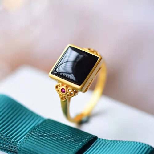 Natural Jasper square geometric opening adjustable ring Chinese style antique palace style gold craft womens silver jewelry
