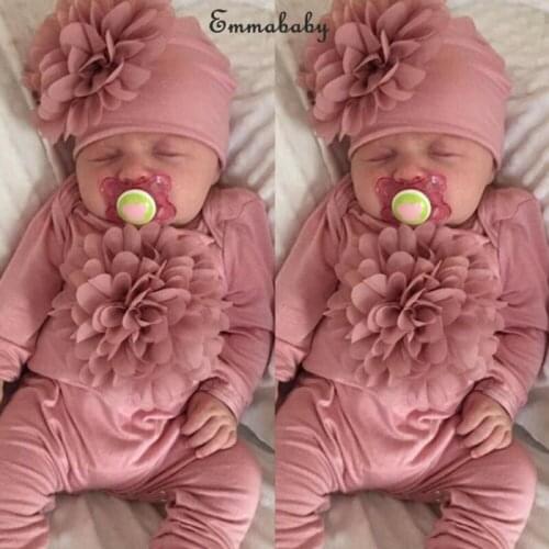 2020 New Fashion Newborn Baby Girl Clothes 3D Flower Romper Jumpsuit Hat Outfit Set 2PCS