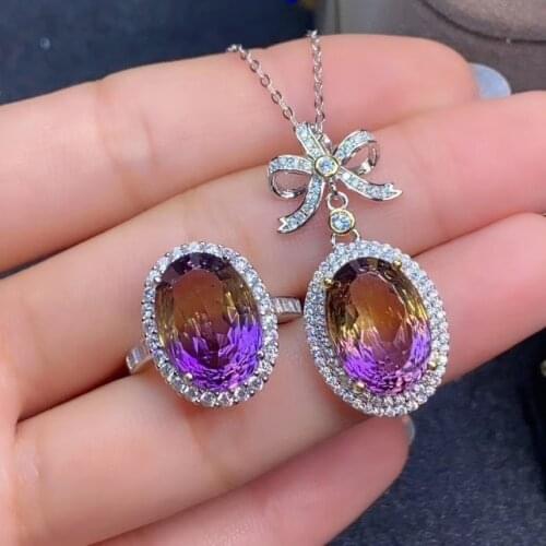 New natural Ametrine Ring and necklace jewelry set for women fashion jewelry real 925 silver classic birthday gift natural gem