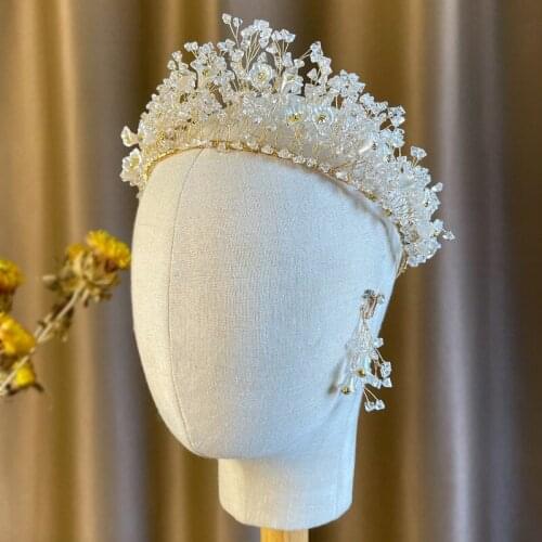 Heavy industry Beaded small porcelain flower crystal super flash crown hair hoop set brides wedding headdress accessories