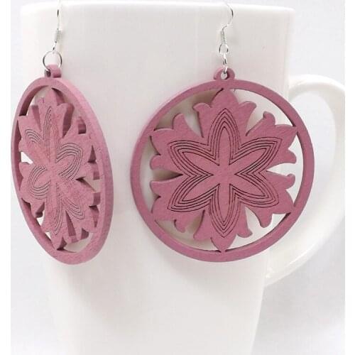 12 Pairs Good Quality Wood Earrings Organic Round Hollow Flower African Woman Wooden Brincos Pendant 5.5cm